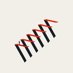 Minimalist Vector Concept of Silhouette Businessman Facing a Steep Abstract Red Career Ladder to Success. Business Minimal Illustration of Ambition, Growth, Opportunity © jozefmicic
