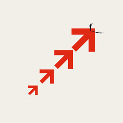 Obraz premium Minimalist Think Big Vector Concept of Silhouette Businessman on Giant Red Arrows Looking for Future Growth and Success Vision. Minimal Eps10 Illustration