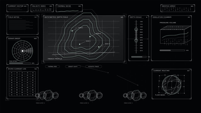 A futuristic oceanographic data dashboard featuring a bathymetric