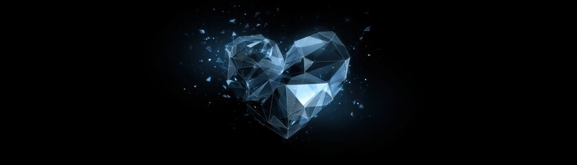 Glowing blue geometric heart shape exploding into small digital fragments against black