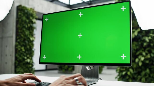 Green screen monitor setup in modern office workspace.