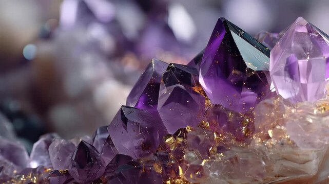 Footage captures purple amethyst crystals forming in a natural setting with details of texture and color visible