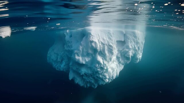 Floating iceberg in slow motion video showing above and below water at dusk in a cold ocean setting