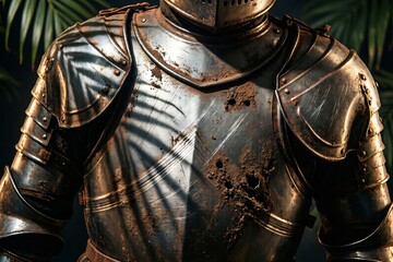 Battle Damaged Medieval Plate Armor with Mud and Leaf Shadows