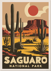 Saguaro National Park Poster, large beige SAGUARO NATIONAL PARK text at bottom, SAGUARO slightly larger than NATIONAL PARK