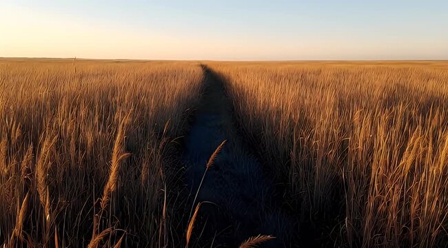 Narrow path through golden grass under a clear sky at sunset