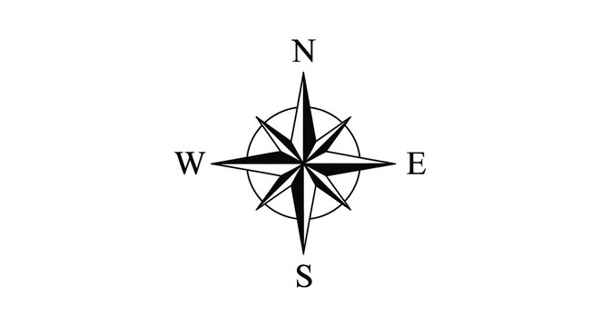 A classic compass rose displays cardinal directions with a bold black design offering navigational guidance silhouette high quality professional detailed