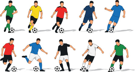 Soccer players dribbling ball action set, football athletes running and controlling ball, professional sport movement vector illustration © Hadiul