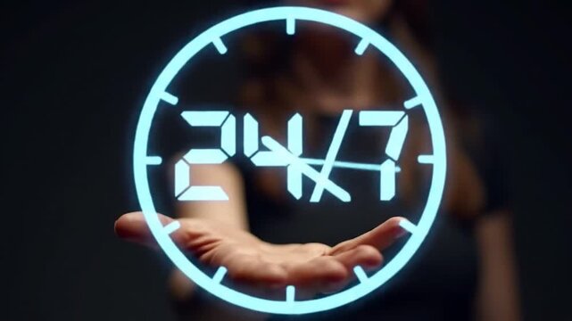 Hand presenting glowing 24/7 clock symbol digital clock face with time concept of constant availability