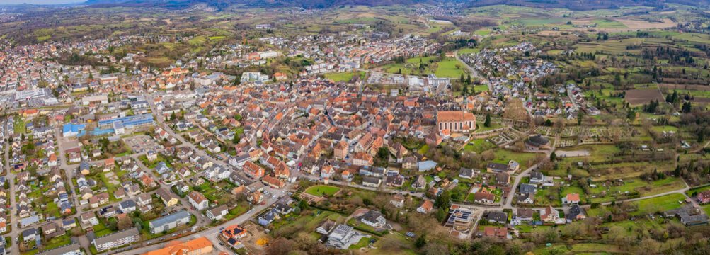 Aerial view around the old town of the city Ettenheim in Germany on a sunny late autumn noon