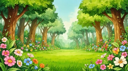 Fototapeta premium Whimsical Cartoon Forest Landscape with a Grassy Path Lined by C