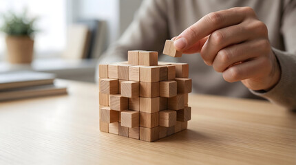 Hand Picking Wooden Piece from Complex Puzzle Construction