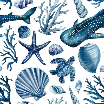 Whale shark ocean pattern with blue sea turtle starfish shells and coral on white background