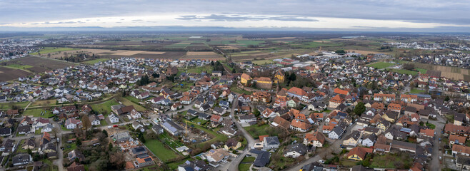 Aerial view around the old town of the city Mahlberg in Germany on a sunny late autumn noon