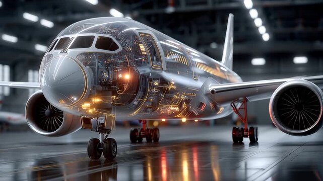 Detailed digital model of an advanced aircraft in a workshop environment displaying complex internal components and clear design