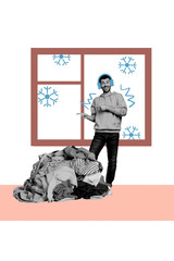 Obraz premium Vertical photo collage of happy man listen music headphones point dirty pile laundry xmas preparation window isolated on painted background