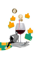 Vertical photo collage of hand hold wine glass beverage buttons cloud communication speech bar...