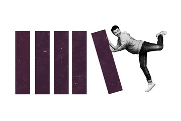 Obraz premium Creative collage poster young cheerful man push columns effort charts statistics achieve goal inspiration step drawing background