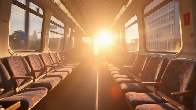 View of empty train seats during sunset showing urban landscape and lights from outside