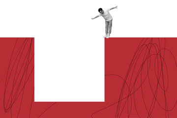 Composite trend artwork sketch image photo collage of caricature young guy stand balance edge cliff...