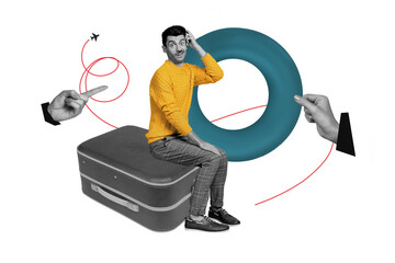 Composite photo collage of doubtful man sit suitcase hand point airplane leaving vacation summer...