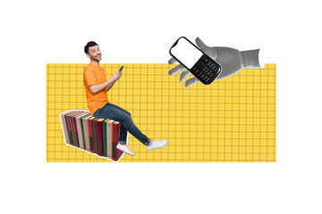 3D collage design composite trend artwork sketch of textbook student education learn young guy sit...