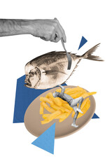Vertical creative art collage of happy man dance dorado french fries lunch café meal hunger fried...