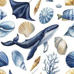 Humpback whale sea life pattern with manta ray shells coral and fish in navy and sand tones © Hanna