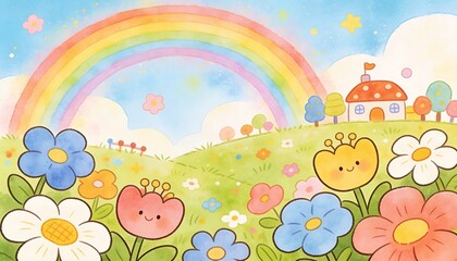 Naklejka premium Watercolor illustration of cute smiling flowers in a meadow with a rainbow and a small house. Whimsical cartoon landscape for nursery decoration, children book background and art design.