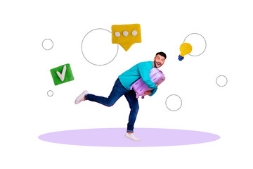 Composite photo collage of excited energetic guy run suitcase light bulb plan checkmark approval...