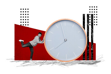 Composite photo collage of happy businessman push big dial clock timeline regime deadline...