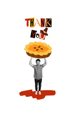 Vertical photo collage of excited man hold big baked pumpkin pie thanksgiving autumn holiday...