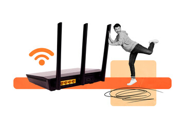 Creative collage image young man wifi router broadcast hotspot digital device modern technology...