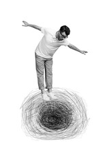 Naklejka premium Vertical photo collage of astonished guy stand tiptoe drawing hole scribble business failure loss isolated on painted background