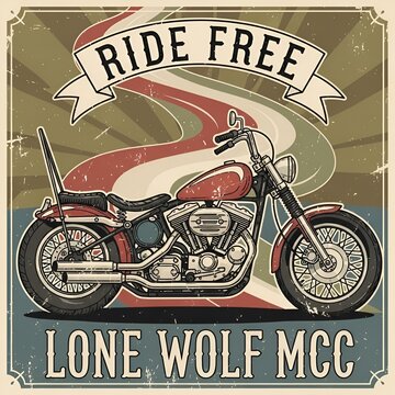 Vintage Motorcycle Club Poster with Ride Free Banner and Classic Chopper.