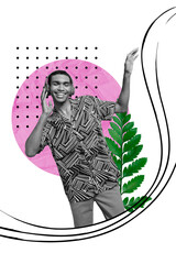 Vertical photo collage of happy american man wear headphones listen music dance occasion party...