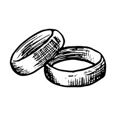Hand-drawn doodle of two classic wedding rings overlapping, representing marriage, commitment, eternal love, and creative minimalist jewelry design for celebrations