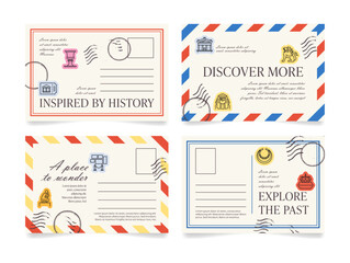 Templates for four themed postcards, each inviting you to share discoveries from different places during your travels with family and friends. © Vikivector