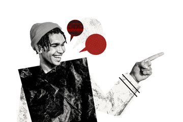 Composite photo collage of happy american hipster man show text box communication concept bubble...