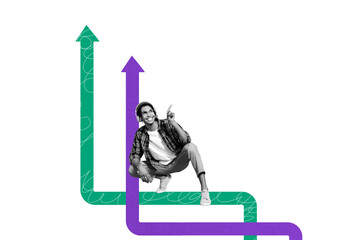 Composite photo collage of happy american guy listen music headphones music arrow success...