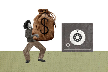 Creative collage picture young man carry huge money sag bag put safe store security protection...