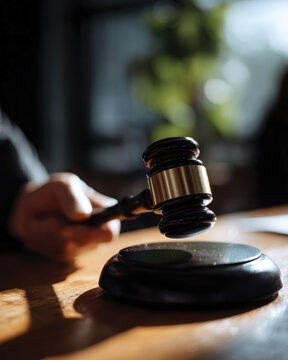 A close-up of a gavel poised to pronounce a judgment, symbolizing authority and the judicial process in a serious legal setting.