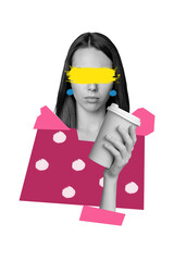 Vertical photo collage of anonym girl taped eyes hold coffee cup coffee takeaway order tea early...