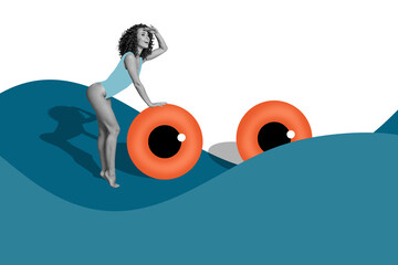 Trend artwork 3D sketch collage of travel vacation seaside ocean water wave young lady search wear...