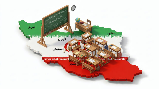 Iran education Country map with classroom on white background.