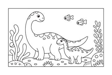 Mother and baby long neck dinosaurs swimming happily underwater with fish and aquatic plants © BULBUL ISLAM