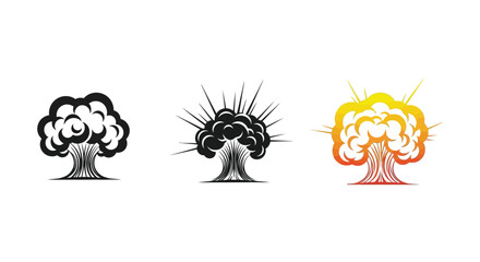 Collection of stylized vector illustrations depicting mushroom cloud explosions in various graphic designs
