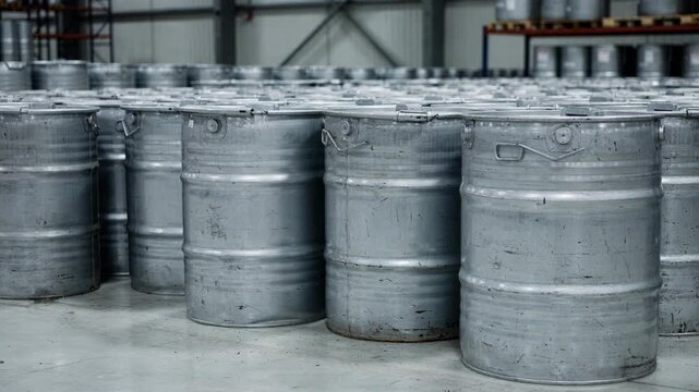 Medium shot of steel drums tightly sealed and labeled organized in a warehouse setting ready for the next stage in dye intermediate processing.