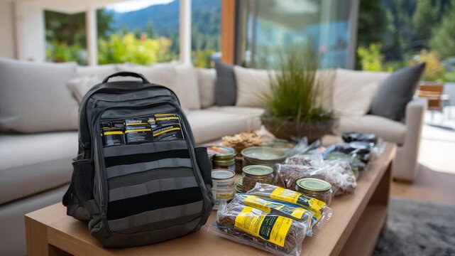 Close-up of emergency preparedness backpack, crisis supplies spread across living room table, medical kit, food rations, tools, home safety readiness theme