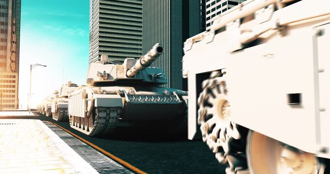 Military tank convoy entering a modern urban city center. World War Related 3D Animation.